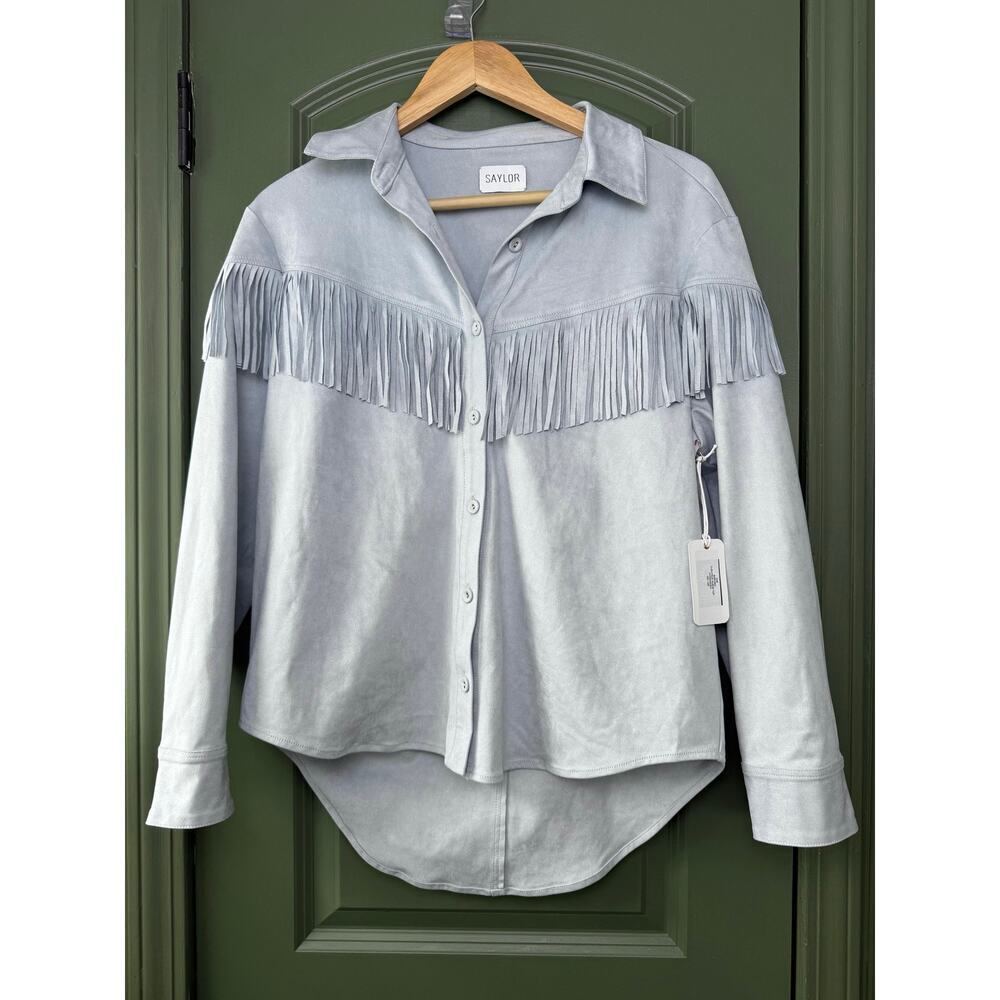 NWT Saylor Clea Faux Suede Top Fringe Western Hydrangea Dusty Blue Gray Small